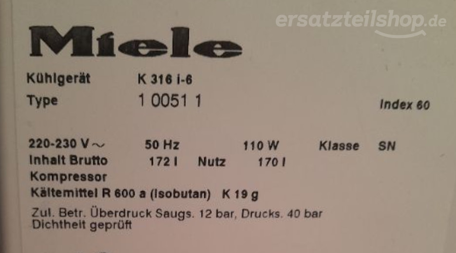 Typenschild Miele K 316 i-6 K316I-6