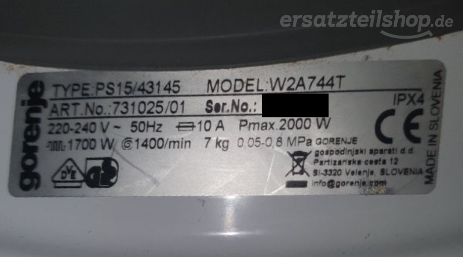 Typenschild Gorenje W2A744T 731025