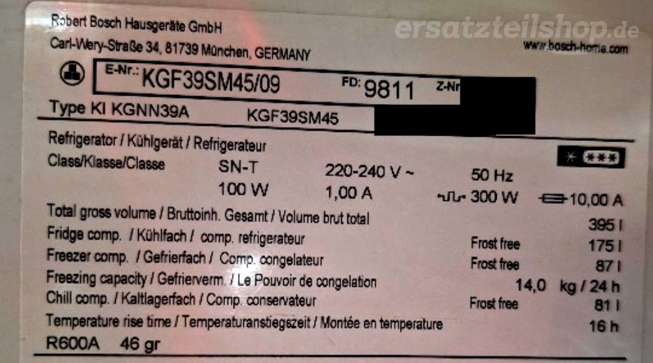Typenschild Bosch KGF39SM45/09