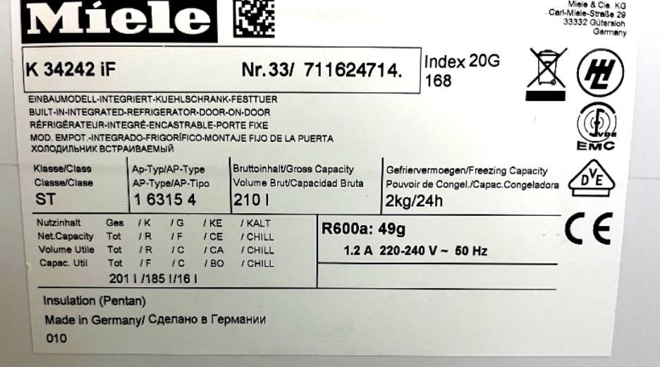 Typenschild Miele K 34242 iF K34242IF