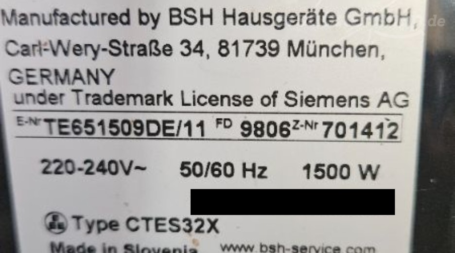 Typenschild Siemens TE651509DE/11