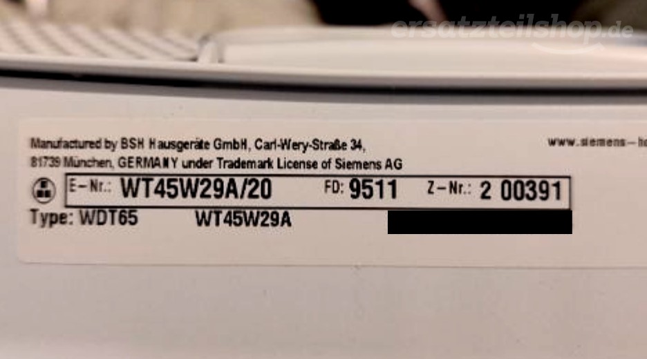 Typenschild Siemens WT45W29A/20