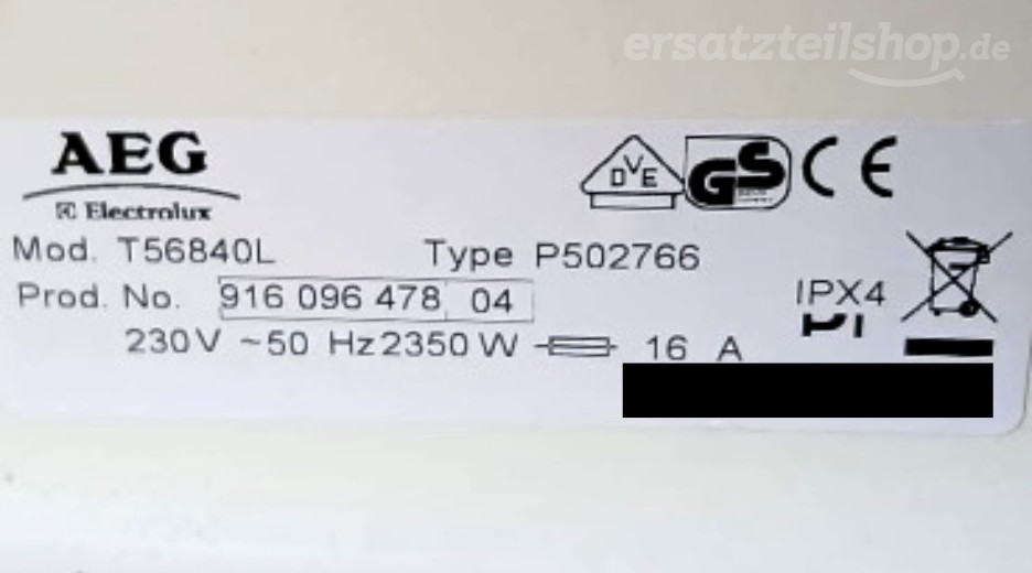 Typenschild AEG T56840L 91609647804