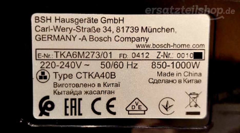 Typenschild Bosch TKA6M273/01