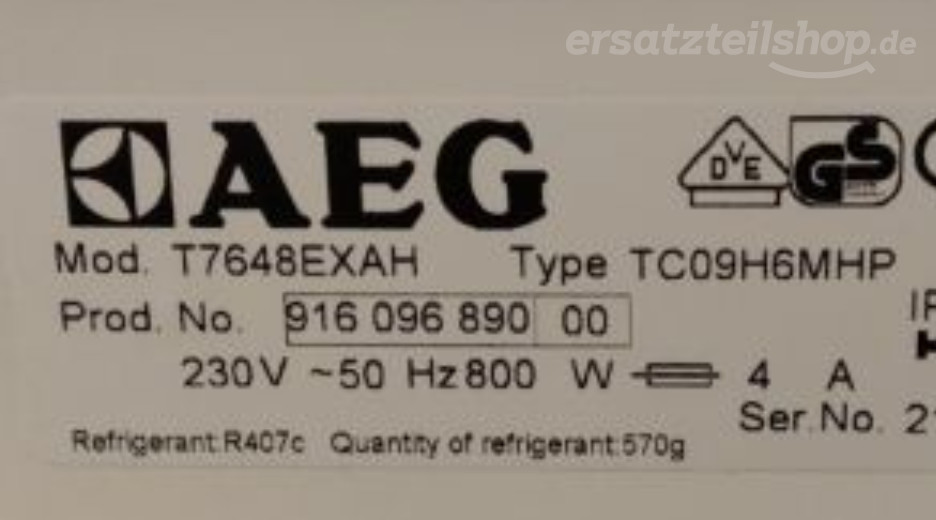 Typenschild AEG T7648EXAH 91609689000