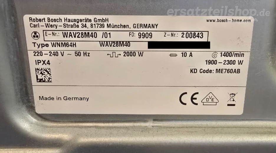 Typenschild Bosch WAV28M40/01