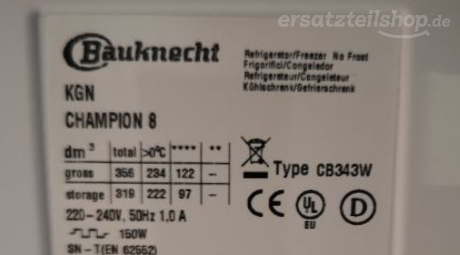 Typenschild Bauknecht KGN CHAMPION 8 855021201720