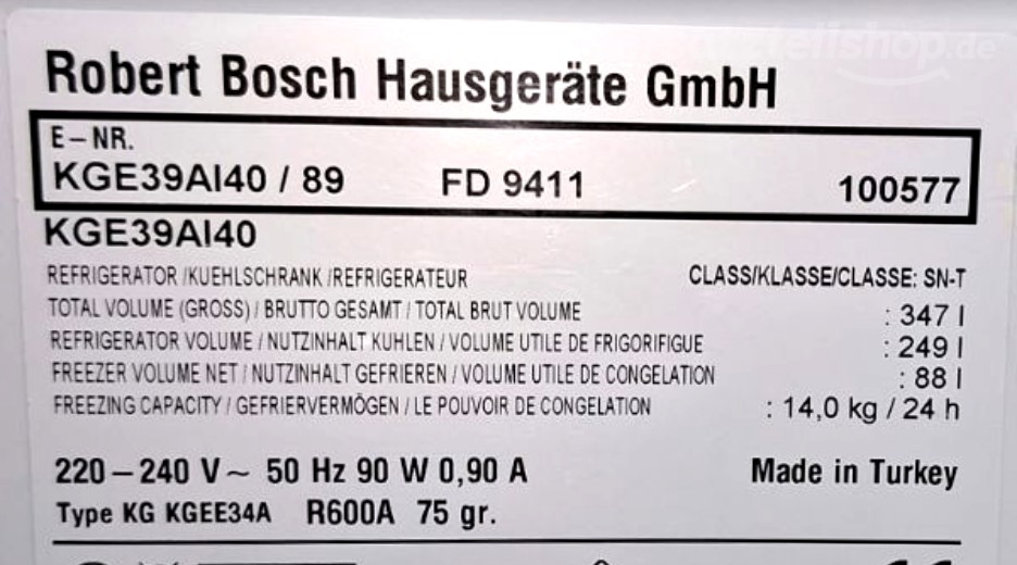 Typenschild Bosch KGE39AI40/89