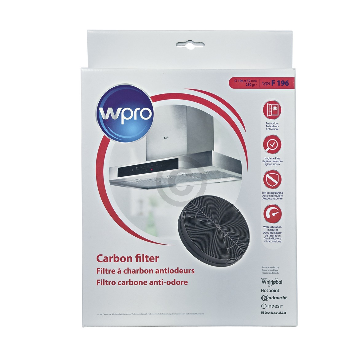Kohlefilter Ø 196mm Wpro antibakteriell 481281718552 Wpro, Indesit Hotpoint C00090697