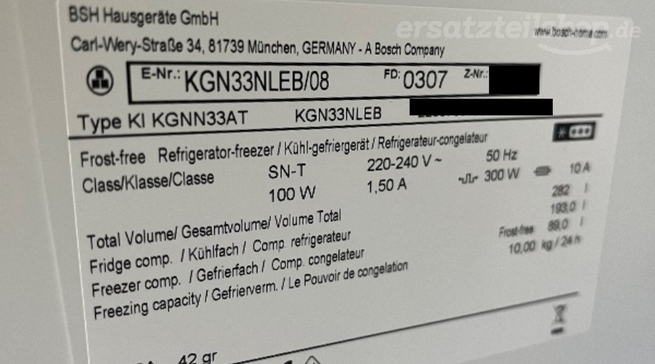 Typenschild Bosch KGN33NLEB/08