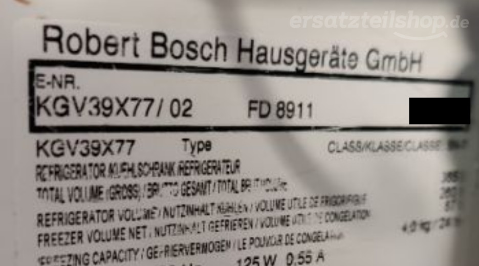 Typenschild Bosch KGV39X77/02