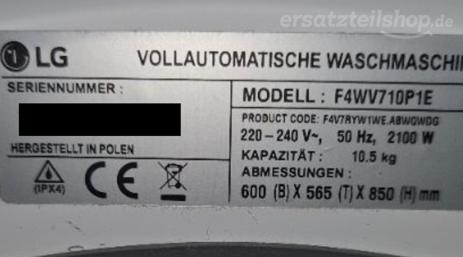 Typenschild LG INCA SMART C LG A70 F4WV710P1E