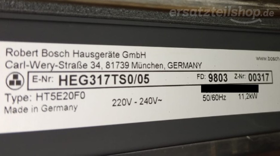 Typenschild Bosch HEG317TS0/05