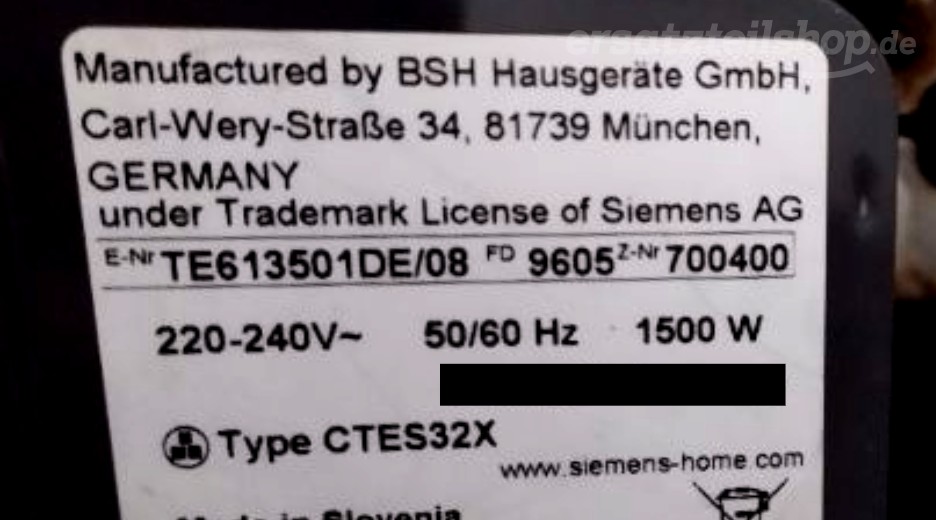 Typenschild Siemens TE613501DE/08