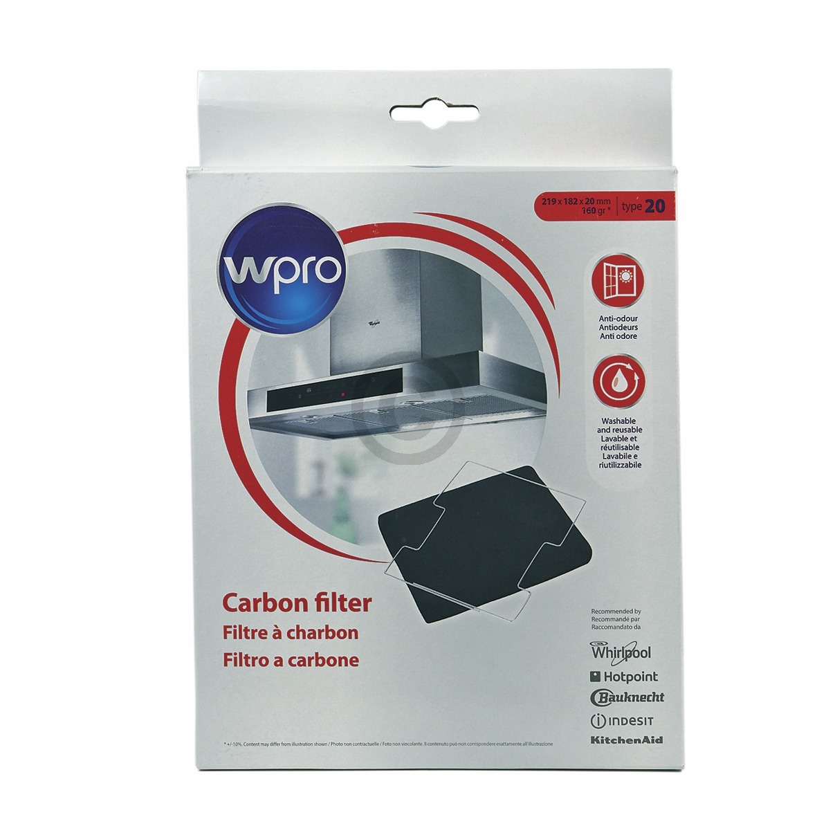 Kohlefiltermatte Wpro 484000008571 Type20 219x182mm für Dunstabzugshaube Wpro