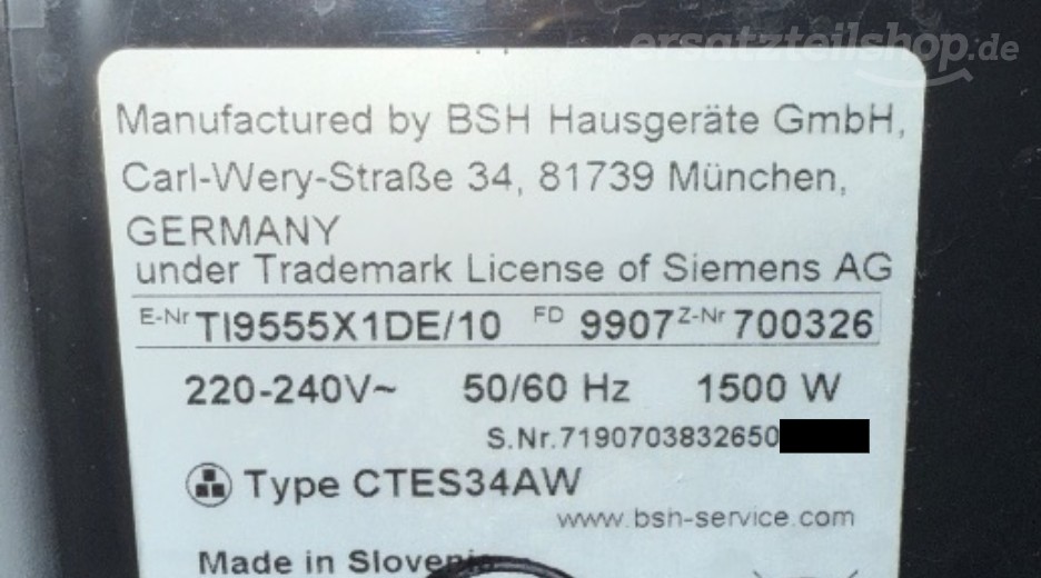 Typenschild Siemens TI9555X1DE/10