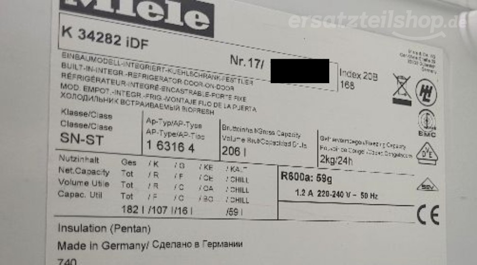 Typenschild Miele K 34282 iDF K34282IDF