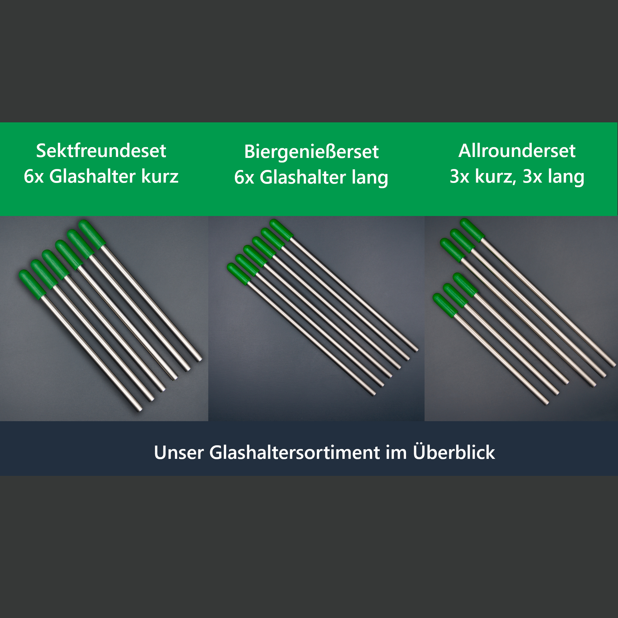 Edelstahl Glashalter für Geschirrspüler mit grünen Kappen - Set Sektfreunde