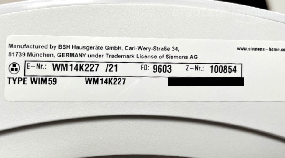 Typenschild Siemens WM14K227/21