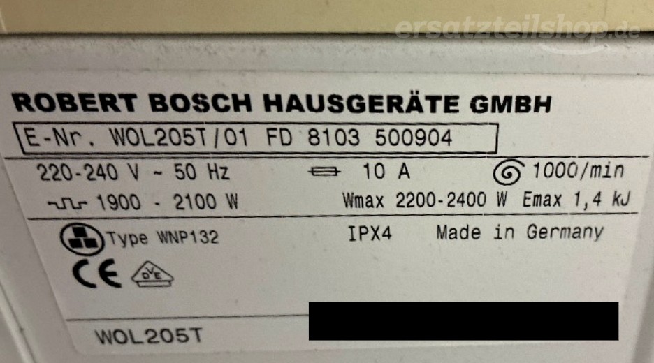 Typenschild Bosch Sportline WOL205T/01