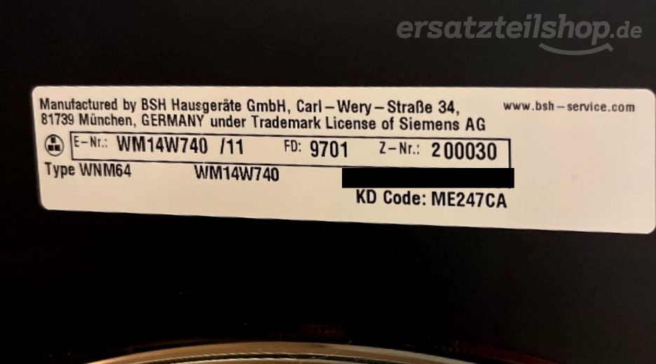 Typenschild Siemens WM14W740/11