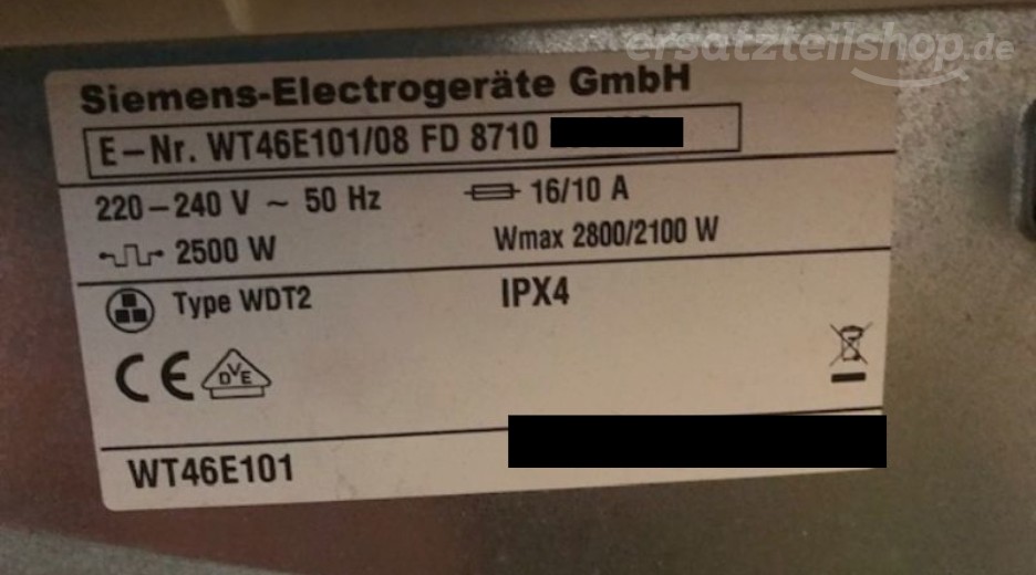 Typenschild Siemens WT46E101/08