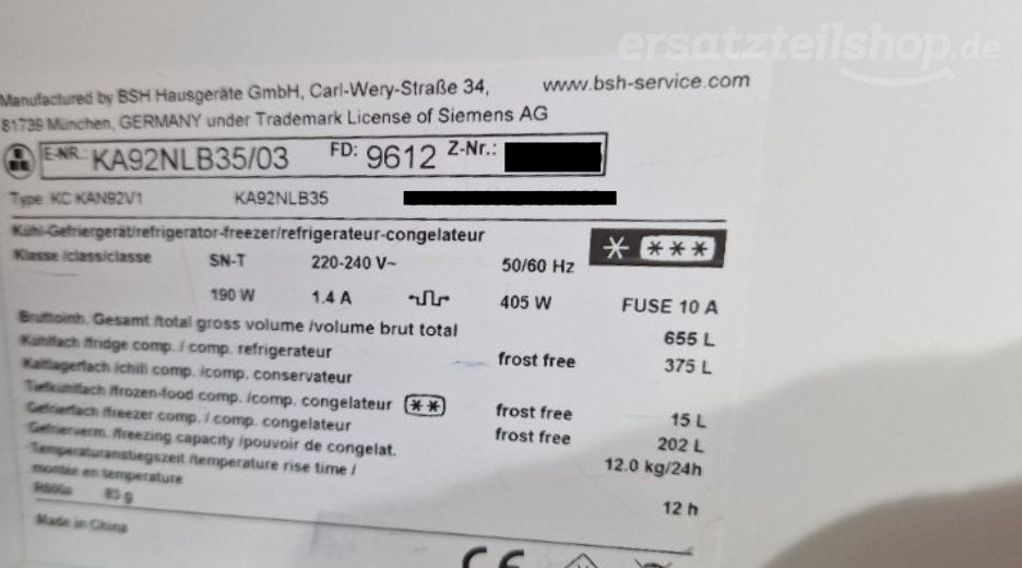 Typenschild Siemens KA92NLB35/03