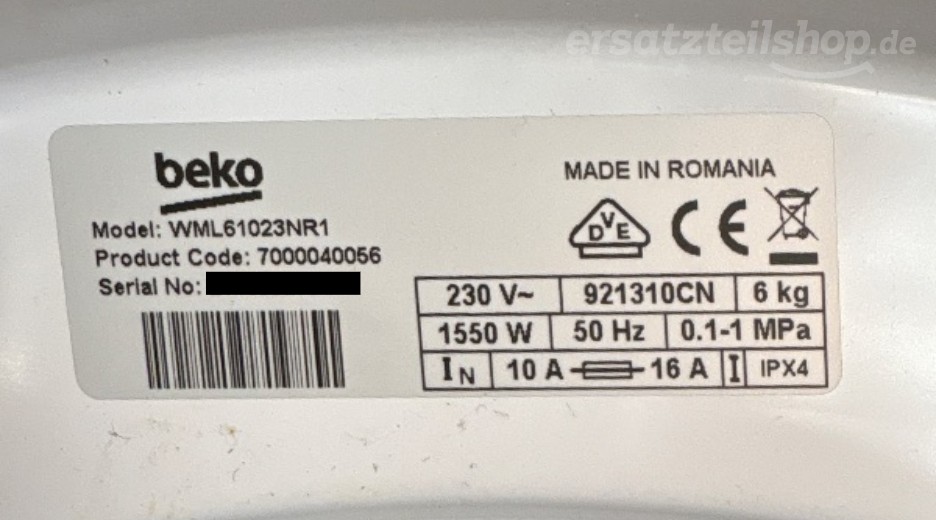 Typenschild Beko BEKOWUE 6532 B0-SK-CZ-SI-HR B1XR401006B1 7000040066