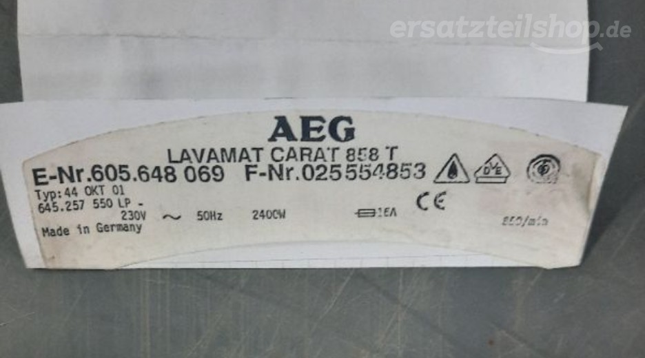 Typenschild AEG LAVCARAT 858T-W 60564806900