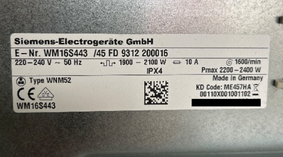 Typenschild Siemens WM16S443/45