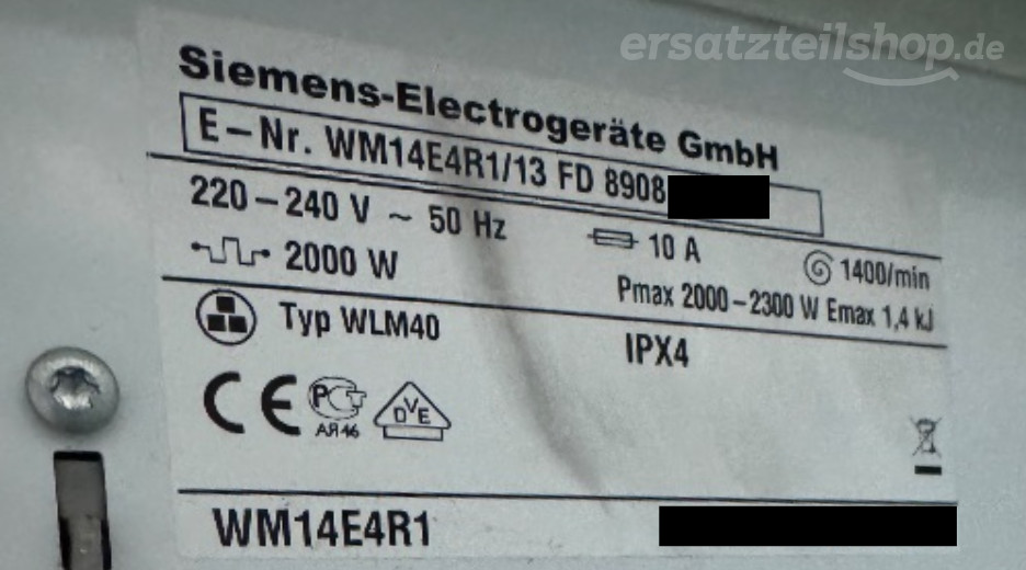 Typenschild Siemens WM14E4R1/13
