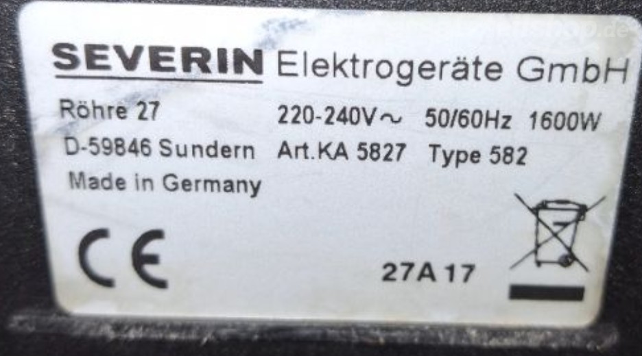 Typenschild Severin KA5827 5827000