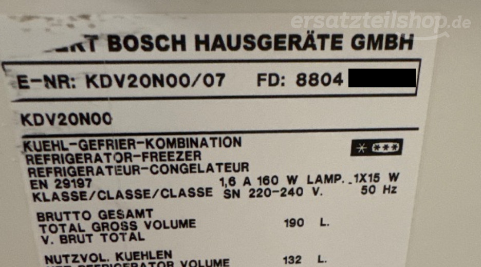 Typenschild Bosch KDV20N00/07