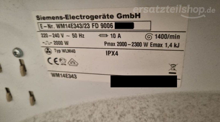 Typenschild Siemens WM14E343/23