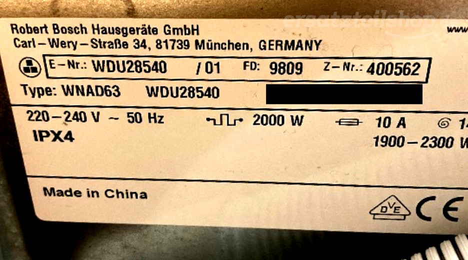 Typenschild Bosch WDU28540/01