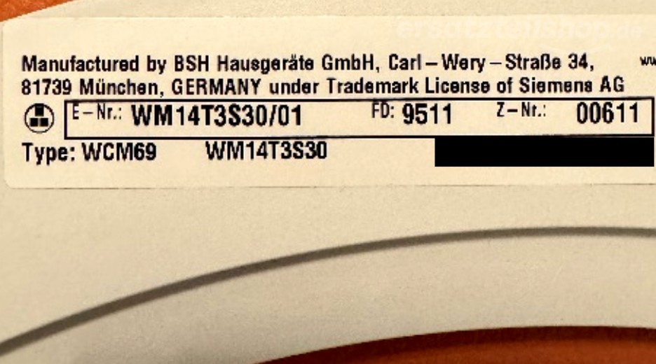 Typenschild Siemens WM14T3S30/01