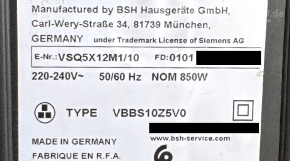 Typenschild Siemens VSQ5X12M1/10