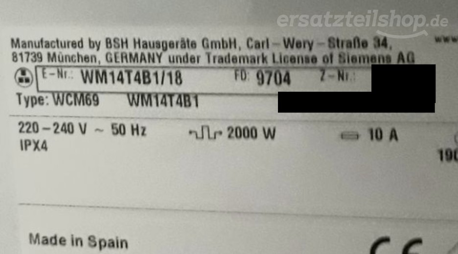 Typenschild Siemens WM14T4B1/18