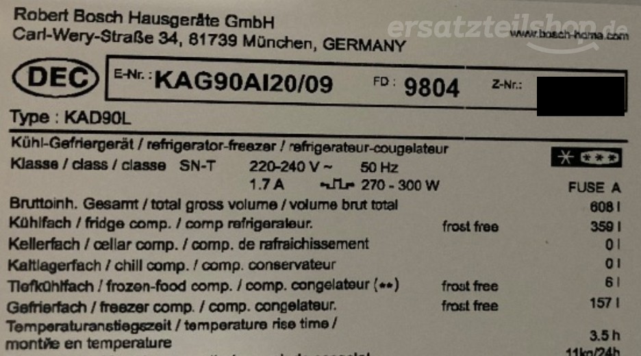 Typenschild Bosch KAG90AI20/09