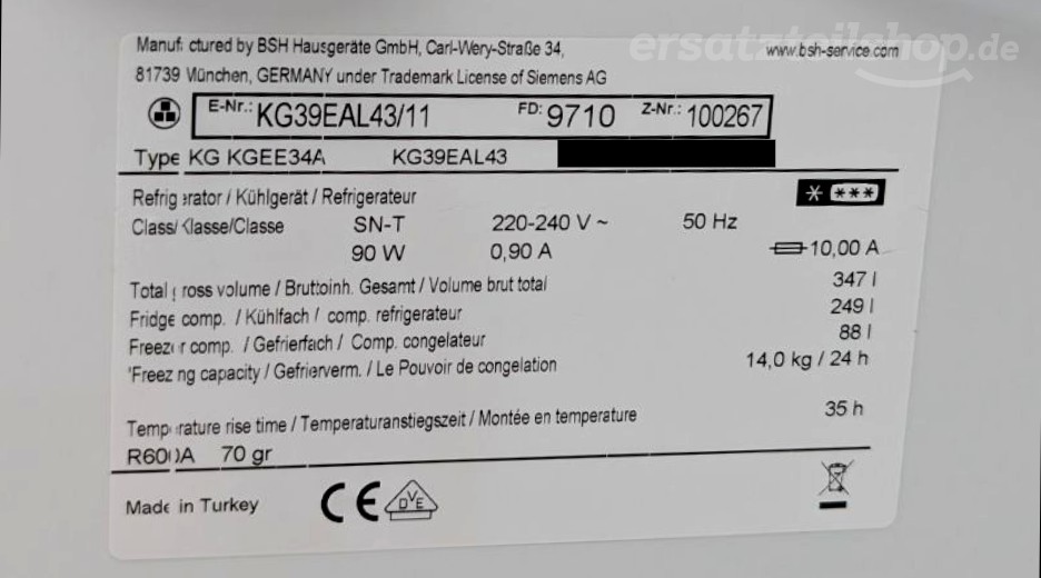 Typenschild Siemens KG39EAL43/11