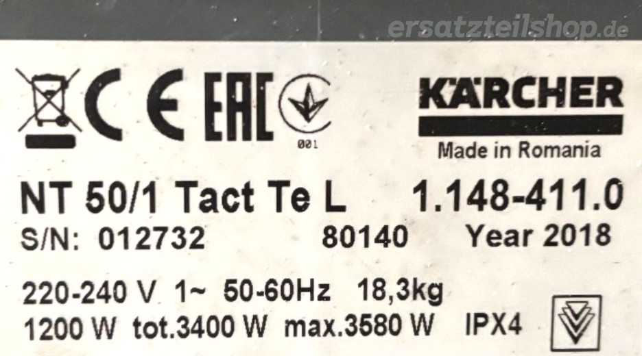 Typenschild Kärcher NT 50/1 Tact Te L 1.148-411.0