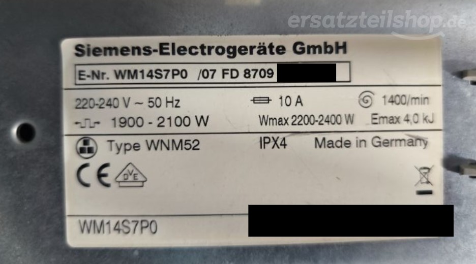 Typenschild Siemens S 14-7 P WM14S7P0/07