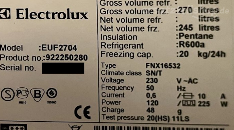 Typenschild Electrolux EUF2704 92225028000