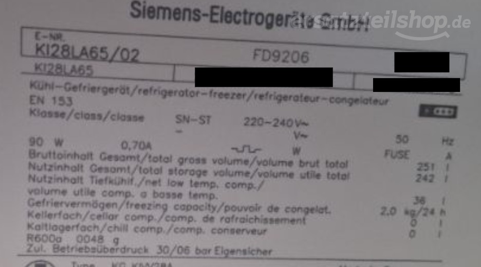 Typenschild Siemens KI28LA65/02