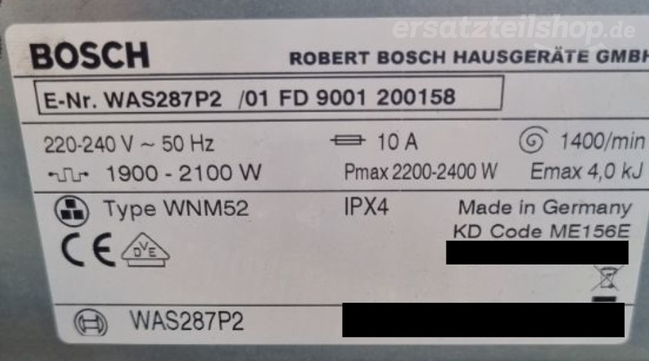 Typenschild Bosch WAS287P2/01