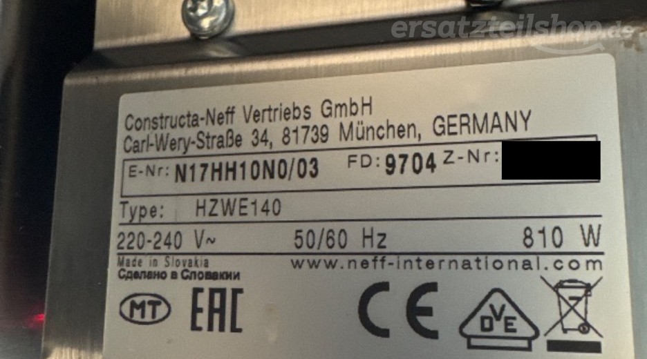 Typenschild Neff N17HH10N0/03