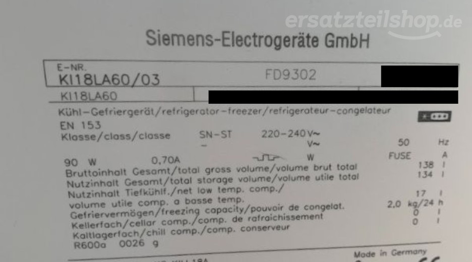 Typenschild Siemens KI18LA60/03