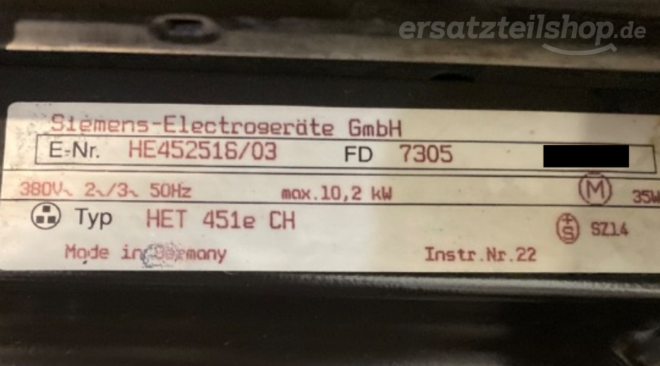 Typenschild Siemens HE452516/03