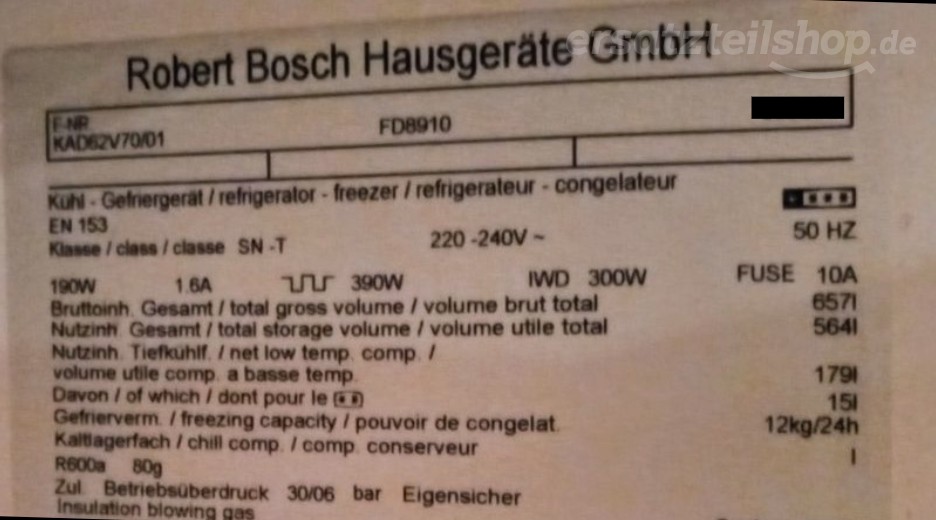Typenschild Bosch KAD62V70/01