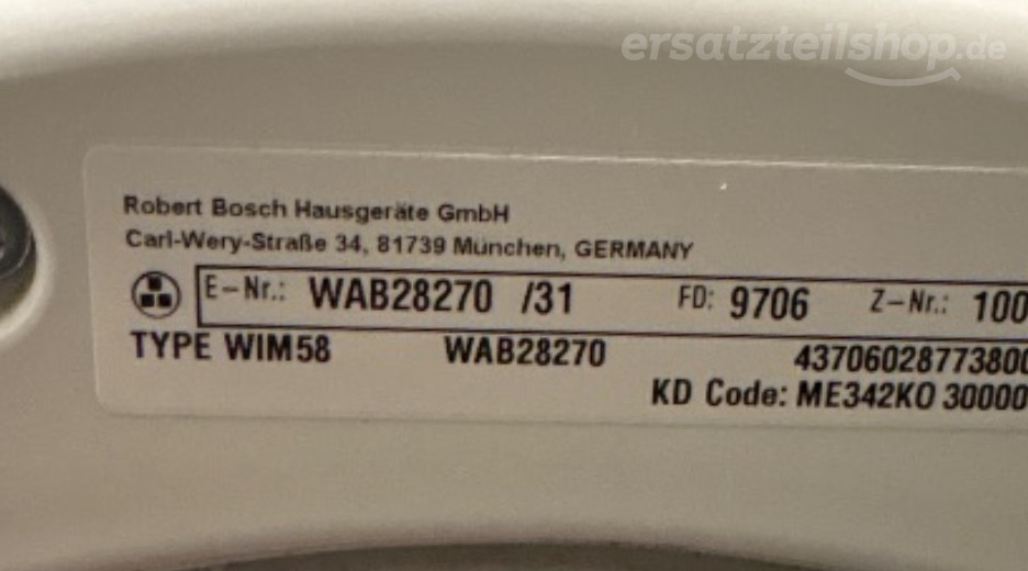 Typenschild Bosch WAB28270/31
